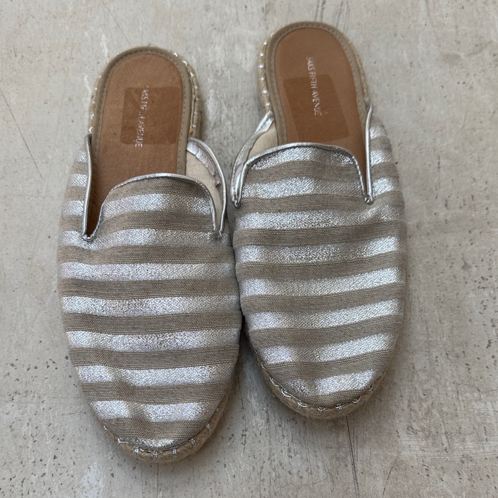 Saks Fifth Avenue Metallic Silver and Tan Striped Slip-On Flats